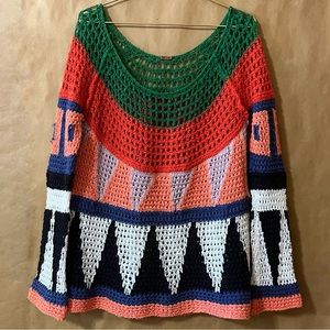 Free People | Modern Art Geometric Crochet Sweater Slouchy Open Knit Size M